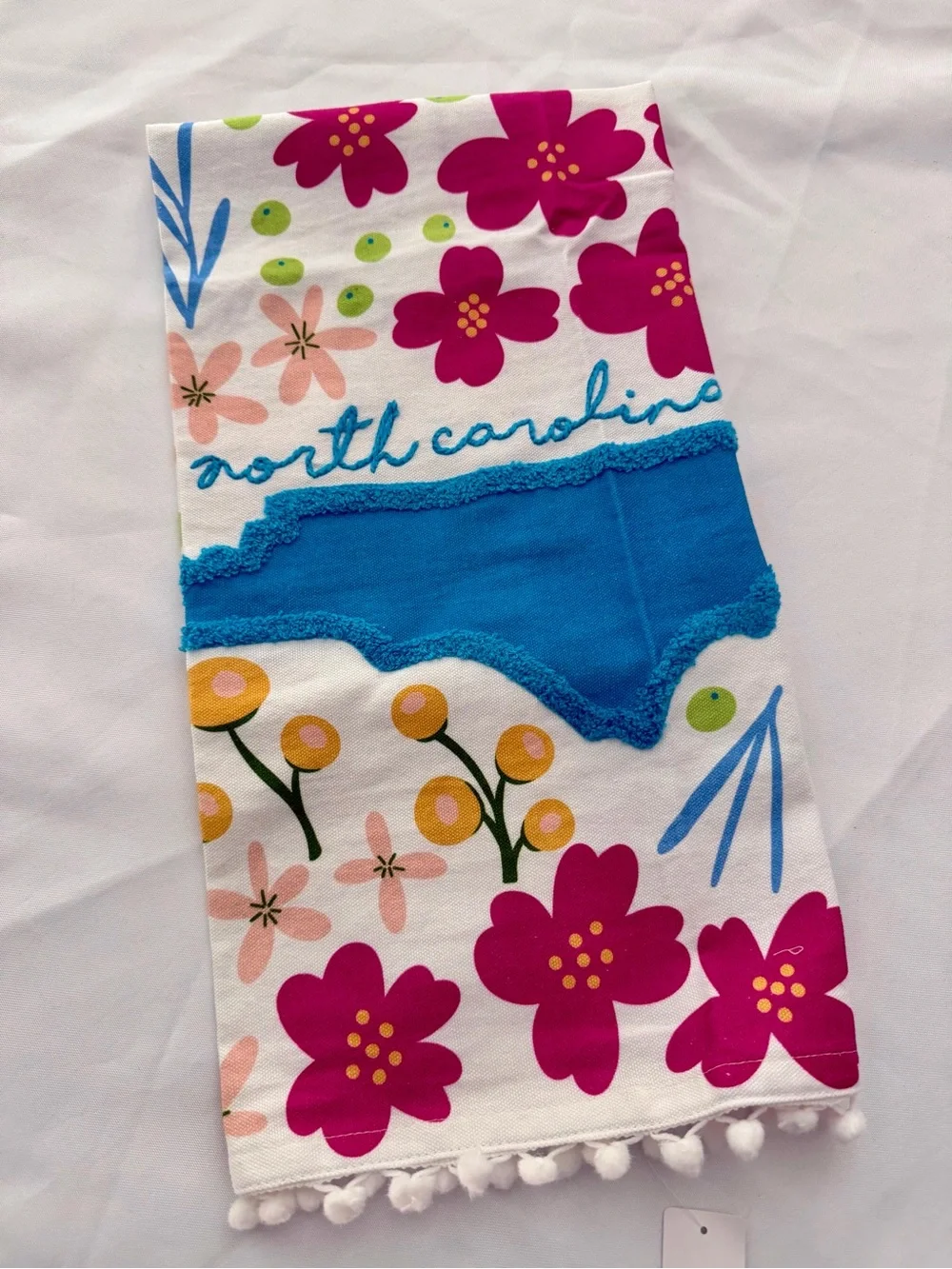 North Carolina Floral Tea Towel SET (2) Blue State Applique and Printed Icons